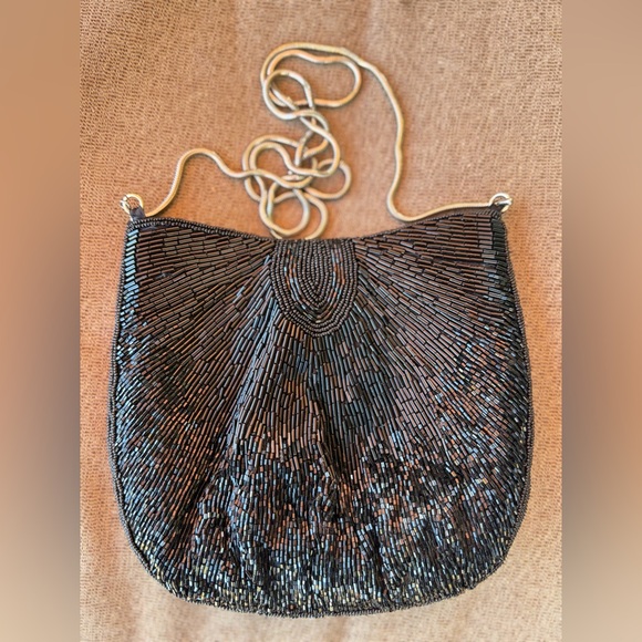 Vintage Hand Beaded Black Evening Shoulder Purse Bag - Picture 6 of 9